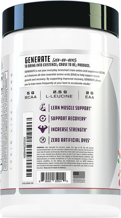 Generate Sour Rainbow Candy BCAA EAA Powder, 30 Servings | 12.95 Oz | 5G Bcaas and 2G Eaas per Serving for Post-Workout Recovery, Hydration, Lean Muscle Support and Protein Synthesis