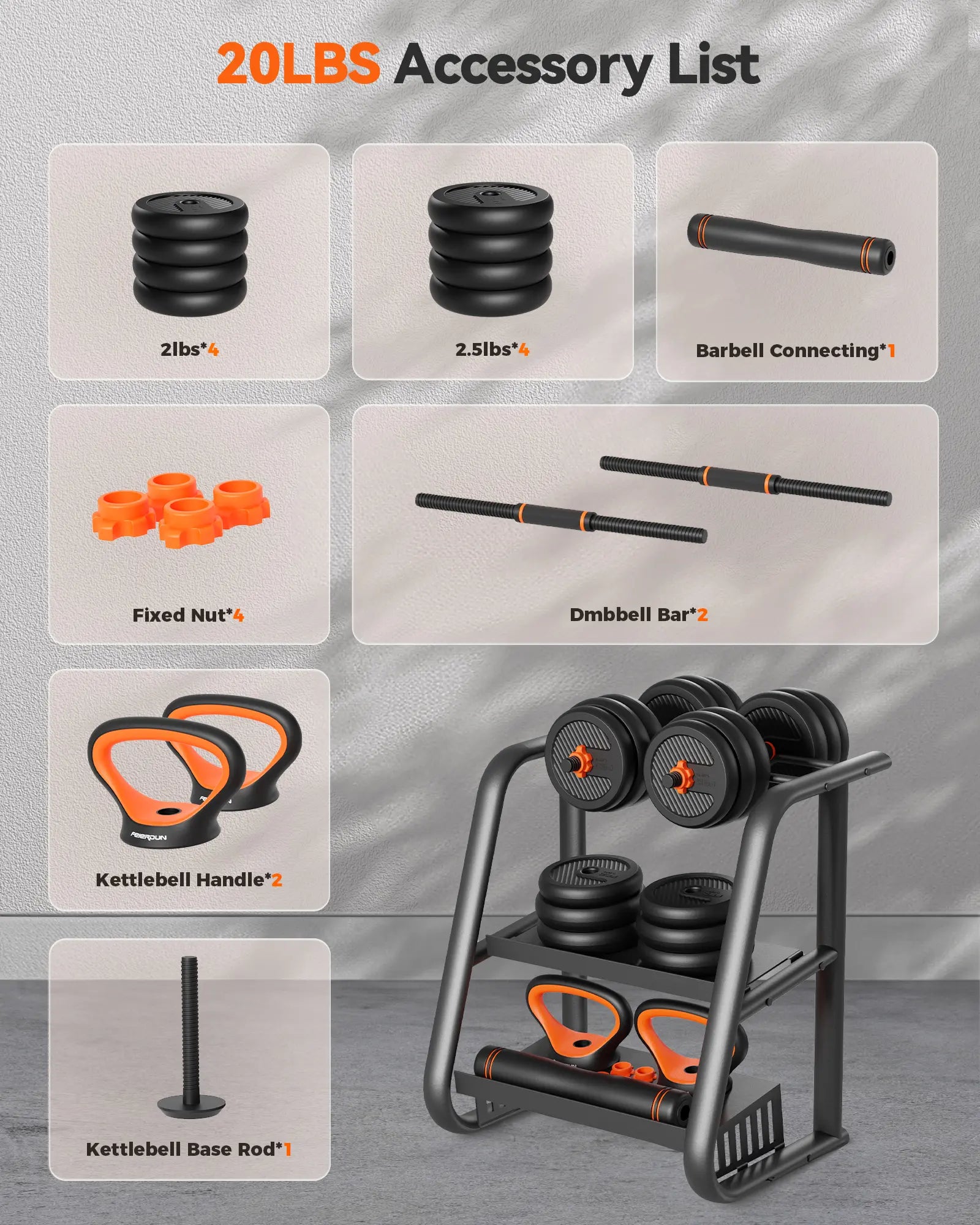 FED Fitness Feierdun Series DS2 Dumbbell Set 20/45/70/90Lbs, 5-In-1 Free Weights with Connector, Convert to Barbell/Kettlebell/Push-Up Stand, Home Gym Equipment for Men & Women