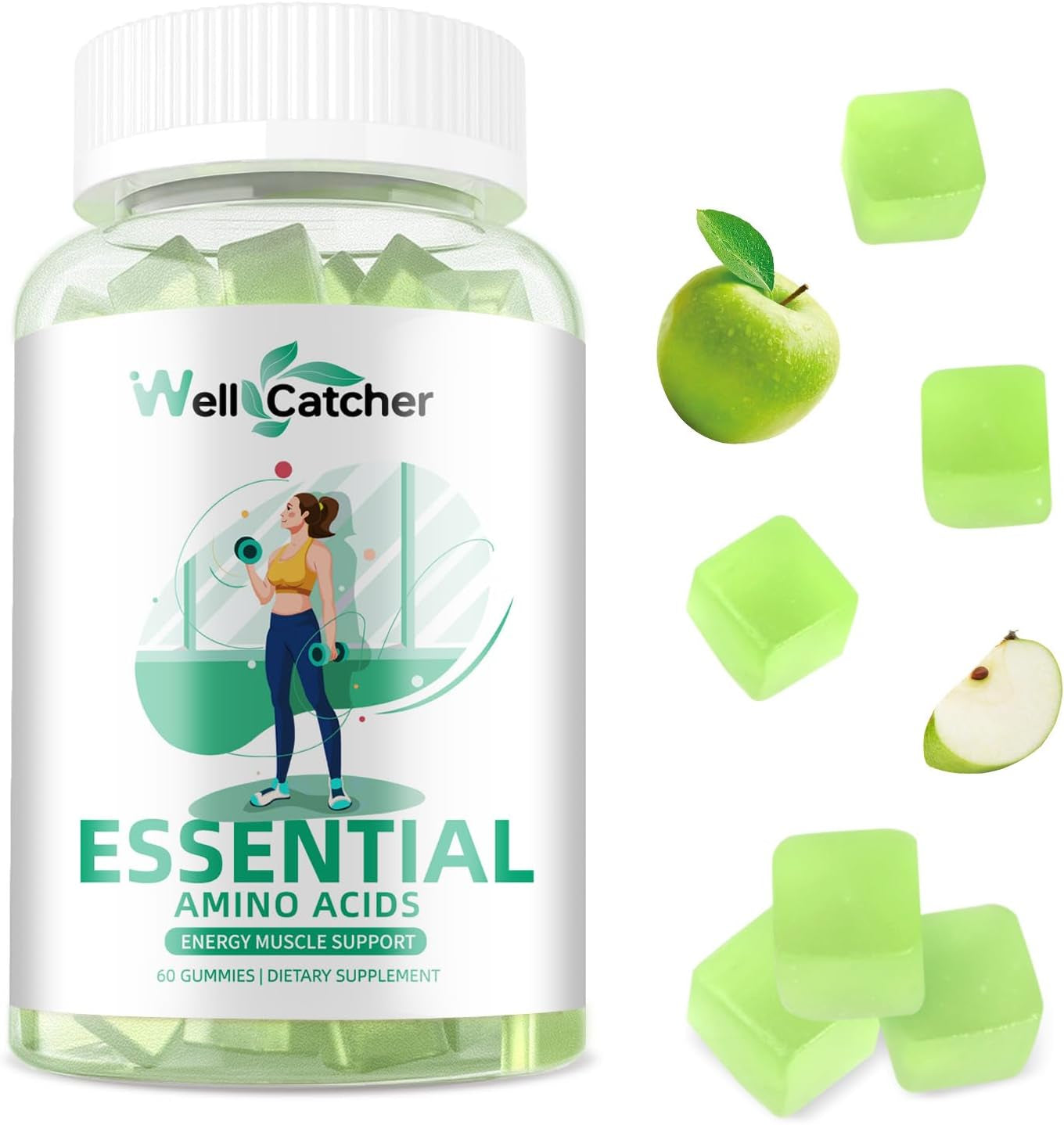 EAA Gummies Essential Amino Acids - All 9 Essential Aminos and All Branched-Chain Aminos (Bcaas) with Muscle Recovery, Energy Support Sugar Free Green Apple Flavor 30 Servings