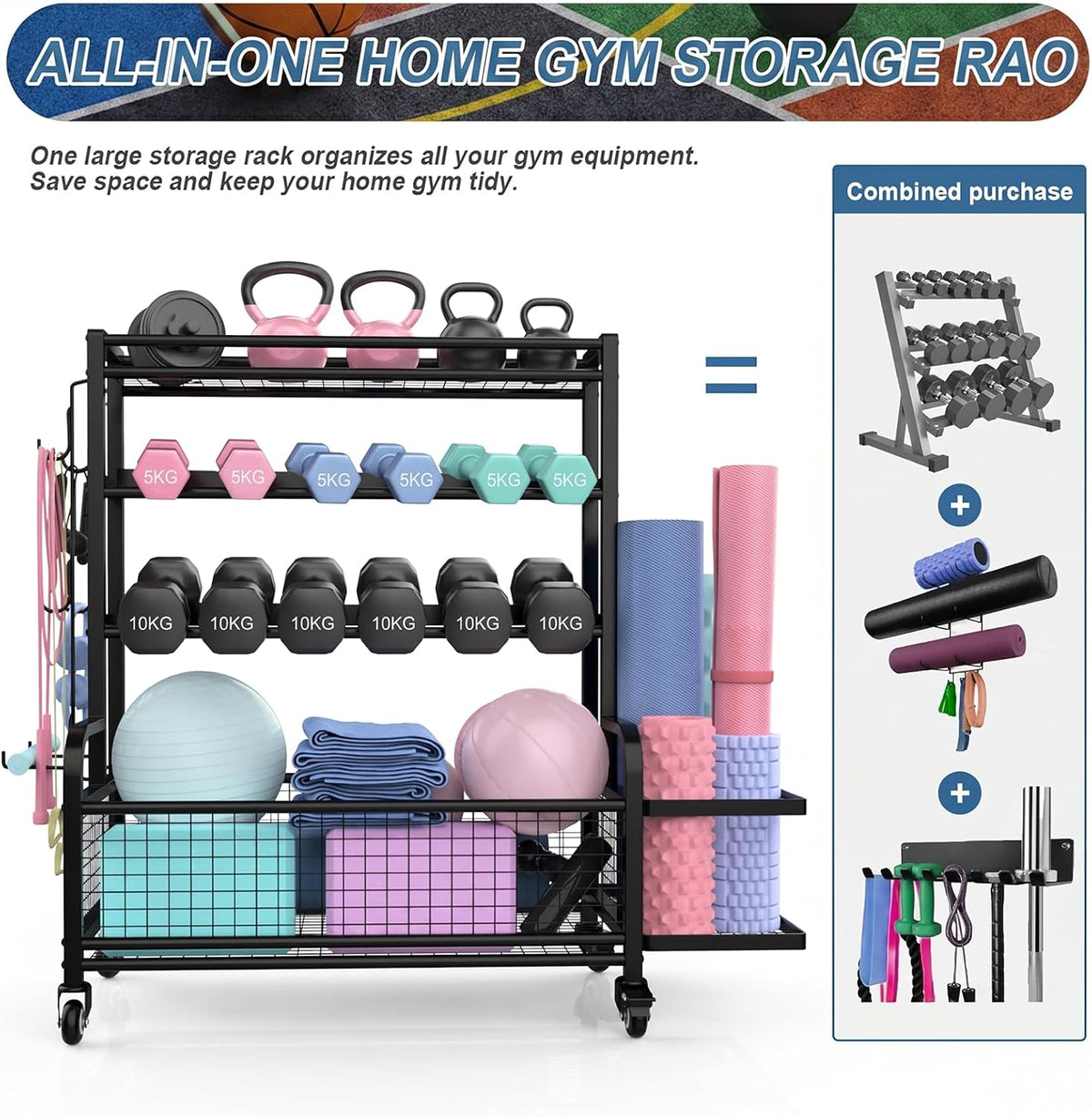 Dumbbell Rack,4-Tie Weight Rack for Dumbbells and Kettlebells, All-In-One Home Gym Storage Organizer with Wheels and Hooks, Steel Workout Equipment Storage for Yoga Mats and Exercise Balls, Black