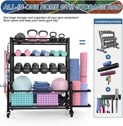 Dumbbell Rack,4-Tie Weight Rack for Dumbbells and Kettlebells, All-In-One Home Gym Storage Organizer with Wheels and Hooks, Steel Workout Equipment Storage for Yoga Mats and Exercise Balls, Black