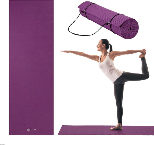 Gaiam Essentials 1/4" Thin (6Mm) Yoga & Pilates, Fitness & Exercise Mat with Easy-Cinch Carrier Strap Cusion Support for Fitness and Gym Workouts