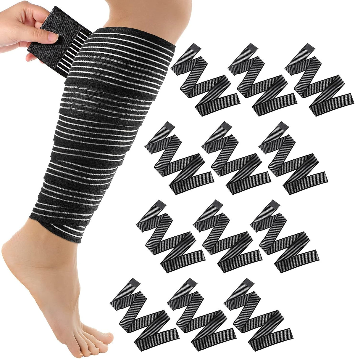 2 Pcs Compression Leg Wraps Elastic Bandage, Black, 71"