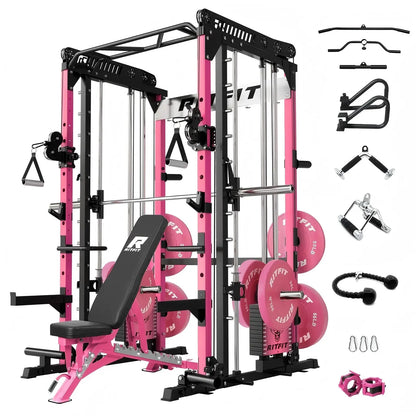 RITFIT Pink M1 Pro/2.0 Multifunctional Smith Machine - at Home Gym Equipment with Cable Crossover System, Squat Rack, Adjustable Strength Training Gear, Home Exercise Station, Home Exercise Equipment