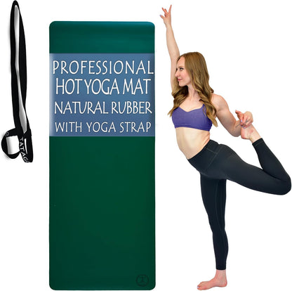 Hot Yoga Mat Non Slip-Professional Grade Natural Rubber Yoga Mat, Pliates Mat, Stretching Mat or Exercise Mats for Home Workout. Nonslip for Hot and Sweaty Classes. Includes Yoga Strap for Carrying and Stretching Too.