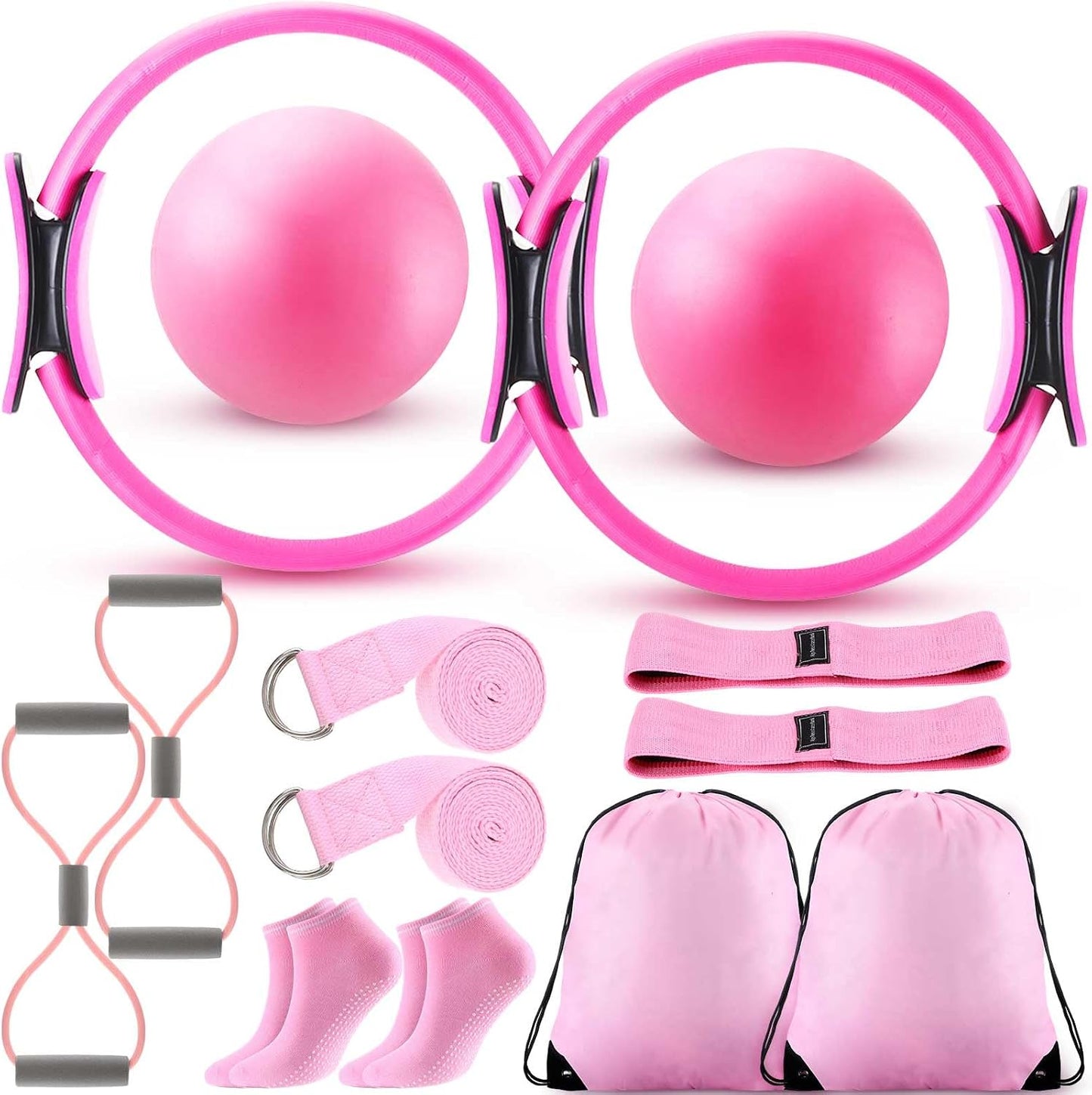 Pilates Equipment Kit for Home Workout Pilates Ring and Ball Set for Women 12'' Circle Yoga Fitness Essentials Kit with Resistance Bands, Yoga Strap, Socks,Bag