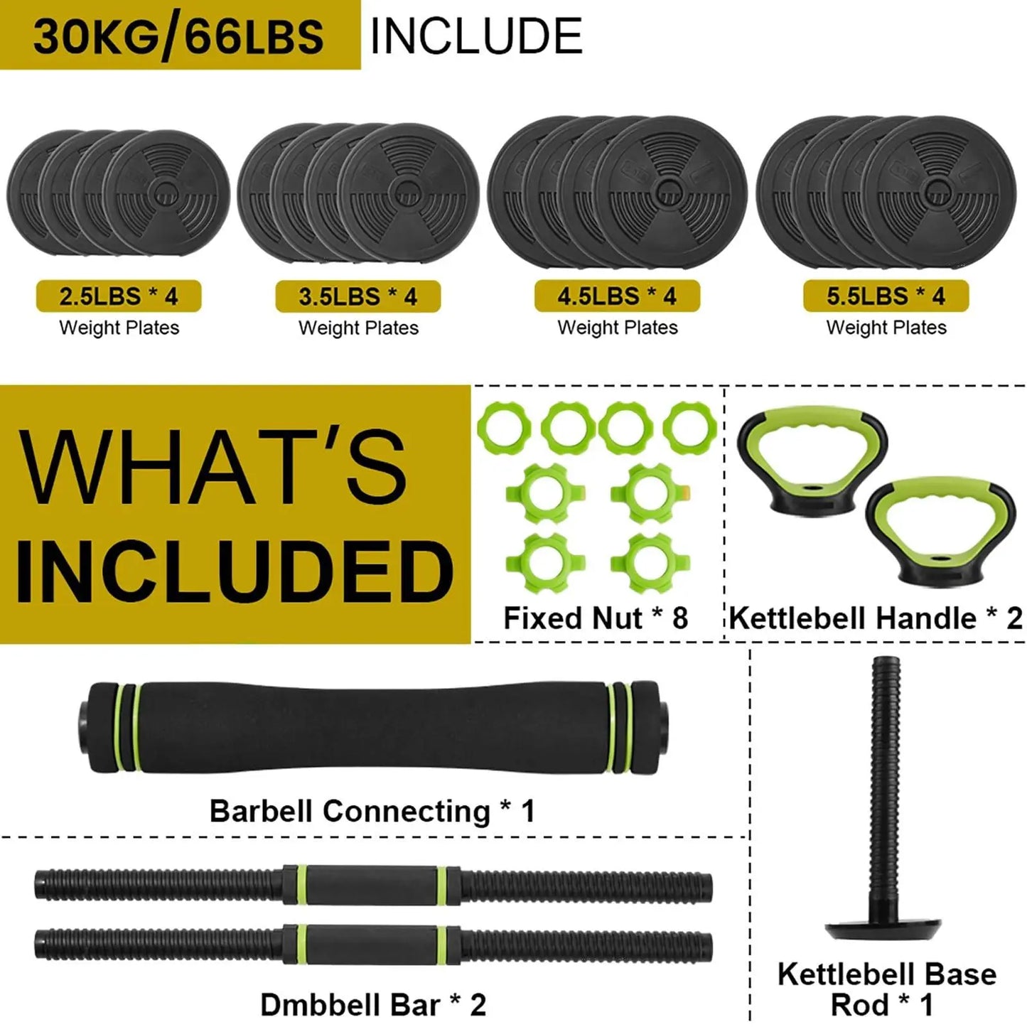 Gaomon 66 LBS Adjustable Dumbbells Set with Iron Grip, 4-In-1 Convertible to Barbell, Kettlebell and Push-Up Tool for Home Gym