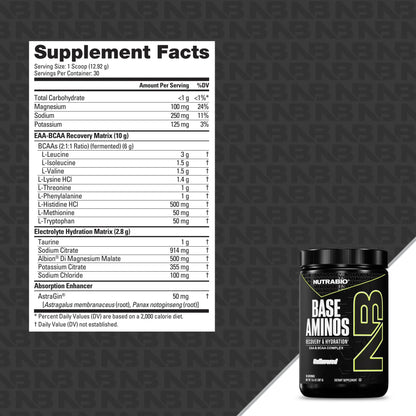 Base Aminos EAA + BCAA Powder –10G Essential Amino Acids Supplement, 6G 2:1:1 Bcaas, 2.8G Hydration Matrix with Electrolytes & Absorption Enhancer Astragin® – 30 Servings- Unflavored