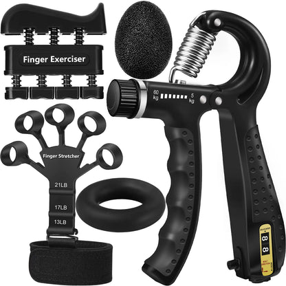 Grip Strength Trainer Kit 5 - Adjustable Hand Grip Strengthener (11-132 Lbs) and Finger Stretcher, Finger Exerciser, Forearm Workout Ring, Stress Ball, Gifts for Muscle Building & Injury Recovery Athletes & Musicians Forearm Strengthener Veins, Grip Stre
