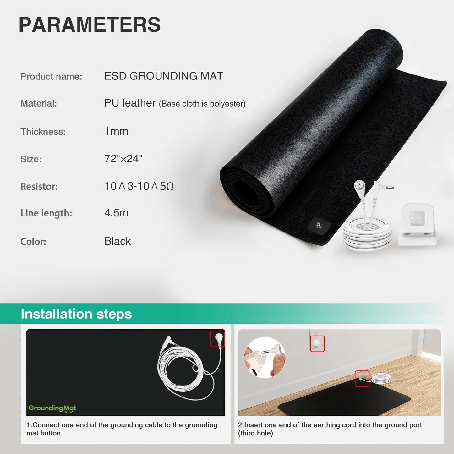 Groundbam Grounding Mat for Yoga, 72"×24" Large Grounding Yoga Mat, Black Non‑Slip PU Leather Grounding Mattress Earthing Pad with Grounding Cord, Grounding Mat for Sleep, Yoga, Pilates Bedroom & Office Use