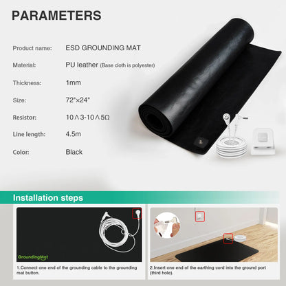 Groundbam Grounding Mat for Yoga, 72"×24" Large Grounding Yoga Mat, Black Non‑Slip PU Leather Grounding Mattress Earthing Pad with Grounding Cord, Grounding Mat for Sleep, Yoga, Pilates Bedroom & Office Use