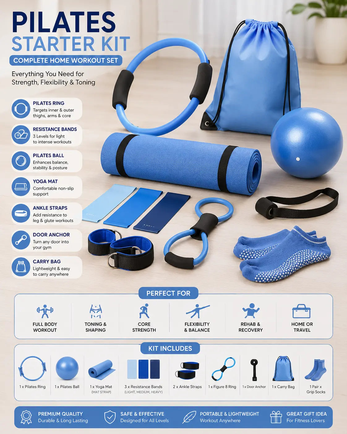 Women'S 3-In-1 Portable Pilates Ring Set - Includes Mini Ball, Durable Stretching Band - Home Yoga & Pilates Workout Sports Equipment, Yoga Accessories, Portable Pilates Equipment