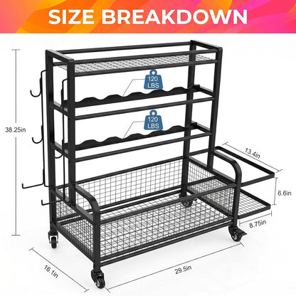 Dumbbell Rack,4-Tie Weight Rack for Dumbbells and Kettlebells, All-In-One Home Gym Storage Organizer with Wheels and Hooks, Steel Workout Equipment Storage for Yoga Mats and Exercise Balls, Black