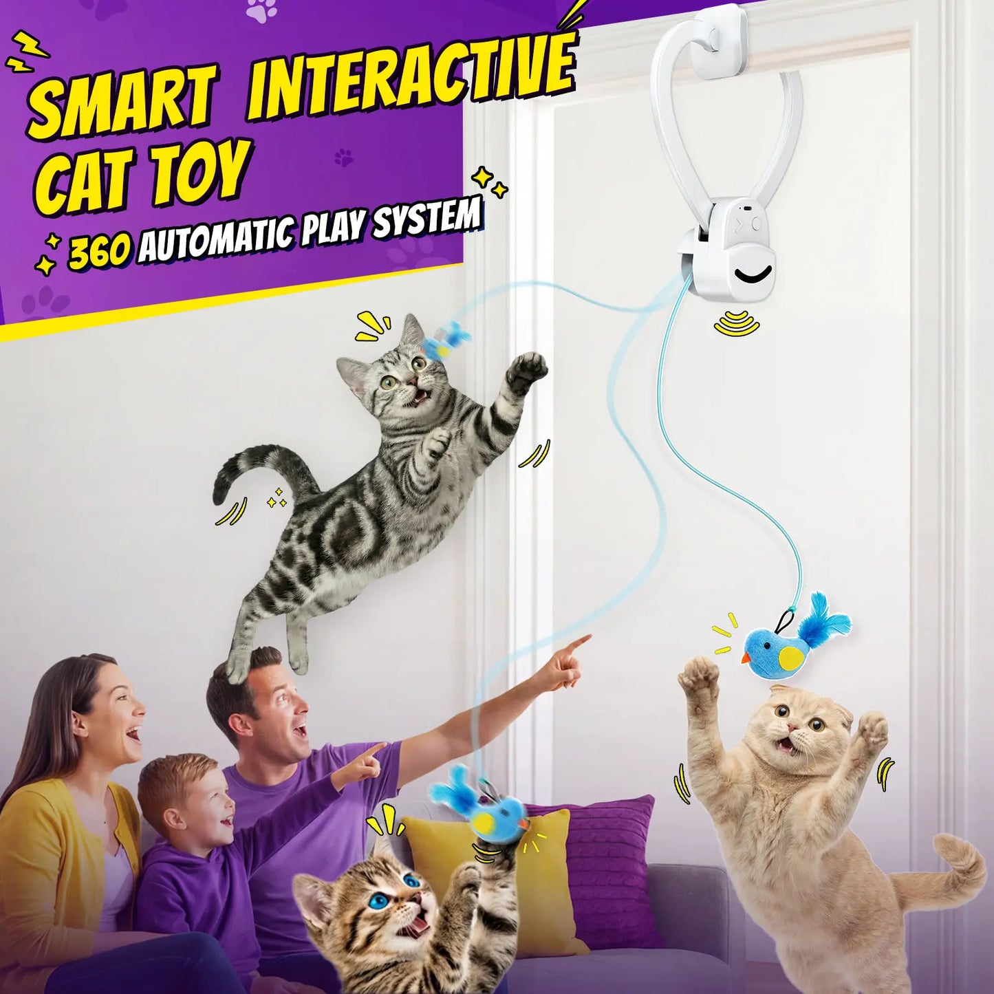 CATPICK Interactive Cat Toys for Indoor Cats - Automatic Flying Bird & Mouse Doorway Hanging Toy, USB Rechargeable Electric Kitten Toy for Hunting Instinct, Enrichment & Exercise, 2 Birds & 1 Mouse