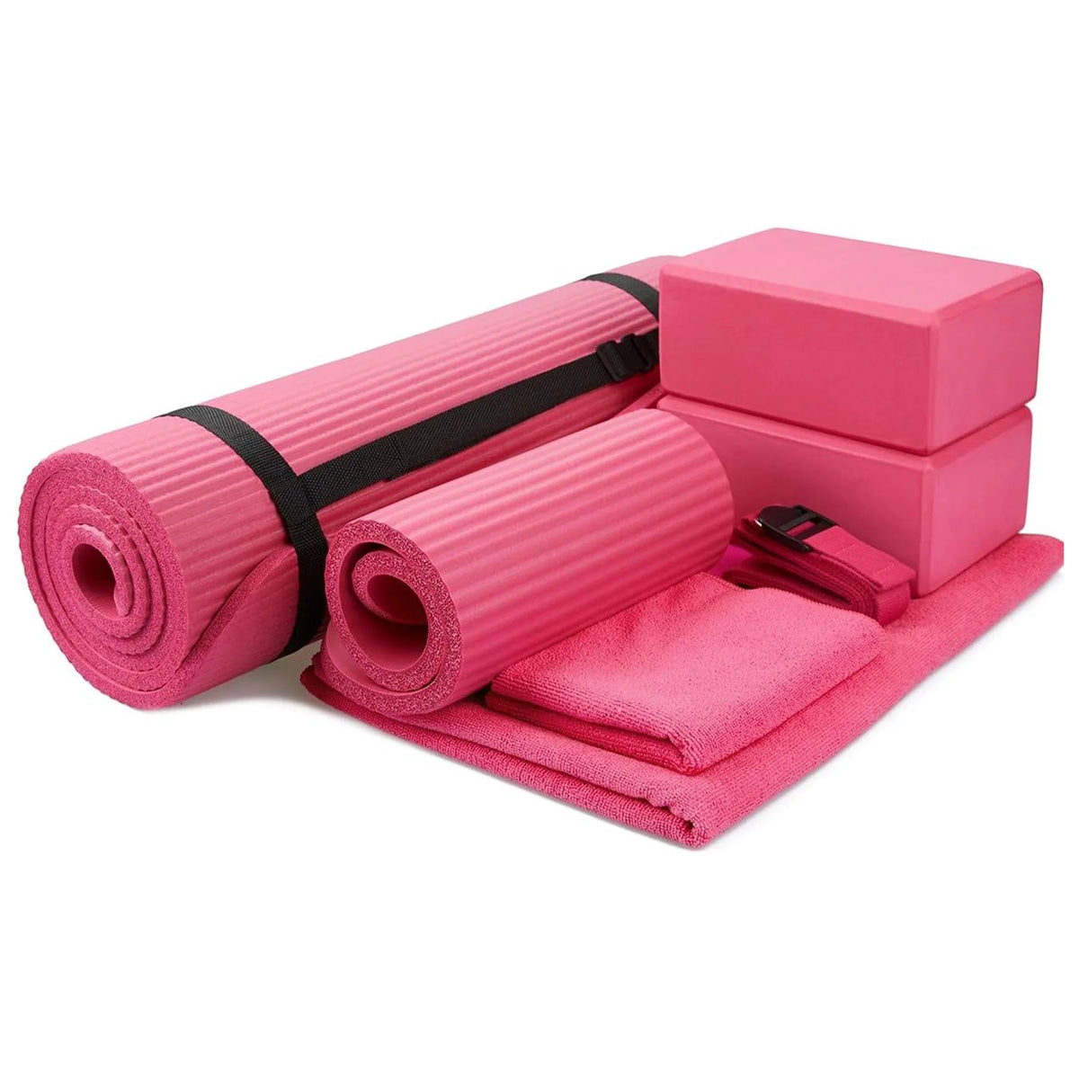 7-Piece Set - Include 1/2" Thick Yoga Mat with Carrying Strap, 2 Yoga Blocks, Yoga Mat Towel, Yoga Hand Towel, Yoga Strap and Yoga Knee Pad