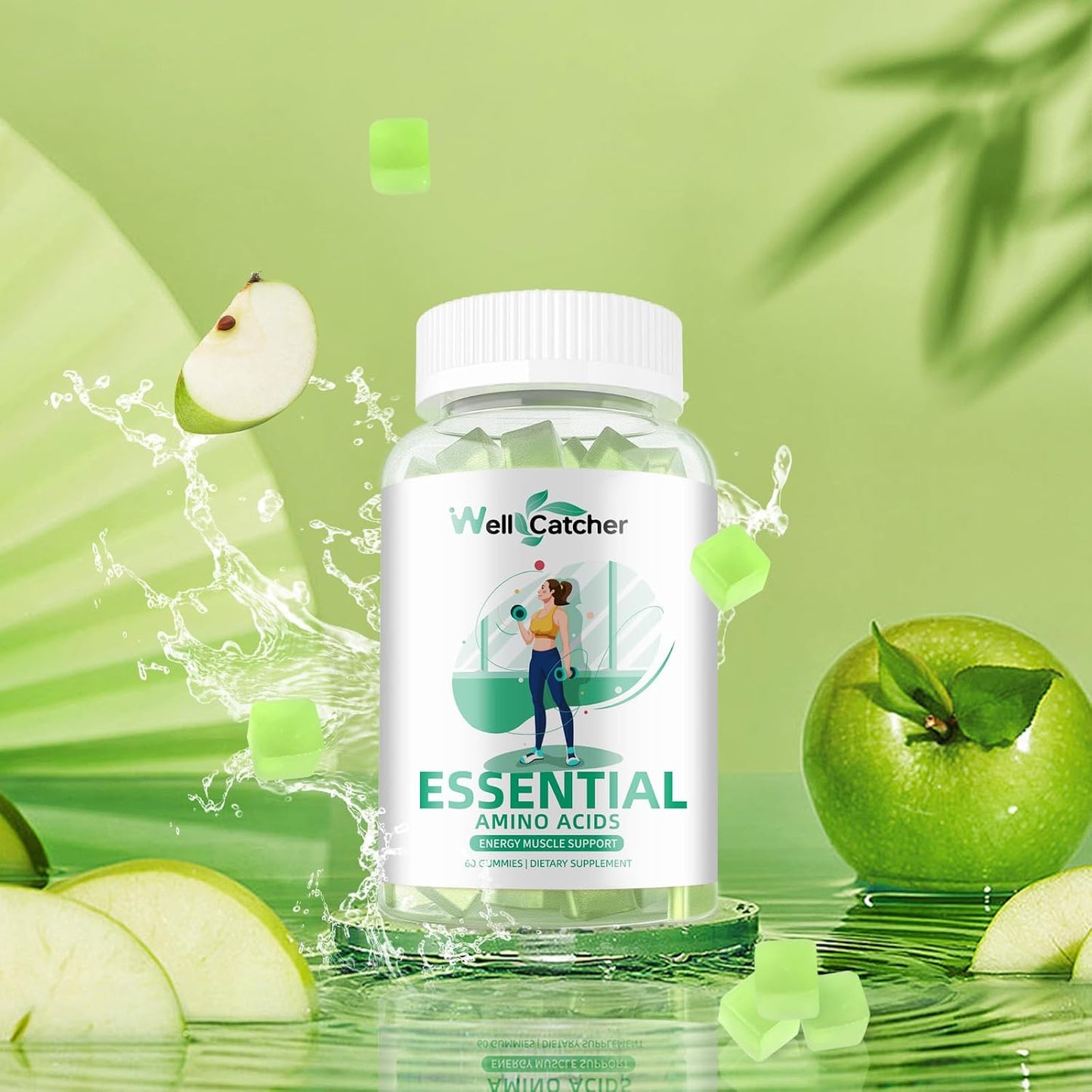 EAA Gummies Essential Amino Acids - All 9 Essential Aminos and All Branched-Chain Aminos (Bcaas) with Muscle Recovery, Energy Support Sugar Free Green Apple Flavor 30 Servings