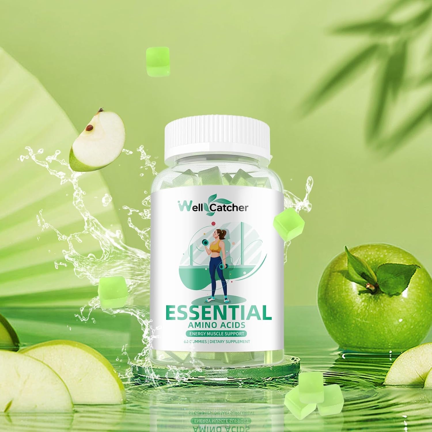 EAA Gummies Essential Amino Acids - All 9 Essential Aminos and All Branched-Chain Aminos (Bcaas) with Muscle Recovery, Energy Support Sugar Free Green Apple Flavor 30 Servings