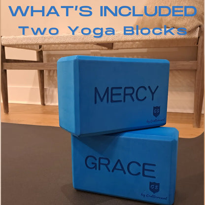 Godservant Inspirational Blue Yoga Blocks 2 Pack – Grace and Mercy; EVA Foam Exercise Block; Non-Slip and Lightweight; Improve Flexibility; Deepen Stretches; Pilates Brick
