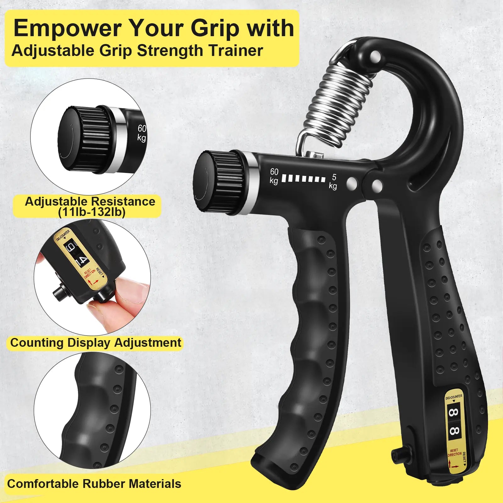 Grip Strength Trainer Kit 5 - Adjustable Hand Grip Strengthener (11-132 Lbs) and Finger Stretcher, Finger Exerciser, Forearm Workout Ring, Stress Ball, Gifts for Muscle Building & Injury Recovery Athletes & Musicians Forearm Strengthener Veins, Grip Stre