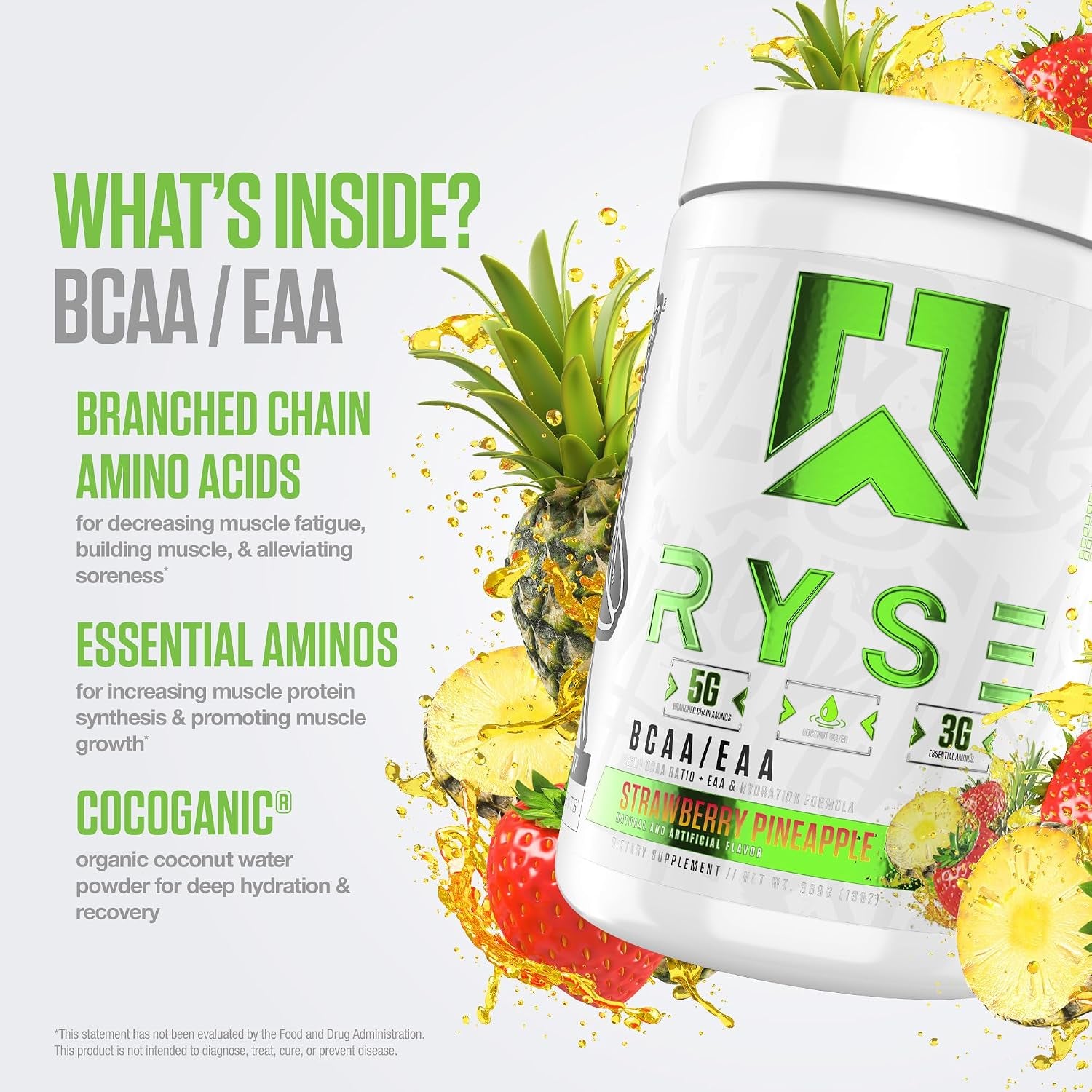 RYSE BCAA EAA Powder - Strawberry Pineapple - 5G Branched Chain Amino Acids, 3G Essential Aminos, Sugar-Free Electrolytes for Pre & Post Workout Muscle Recovery, Hydration and Strength - 30 Servings