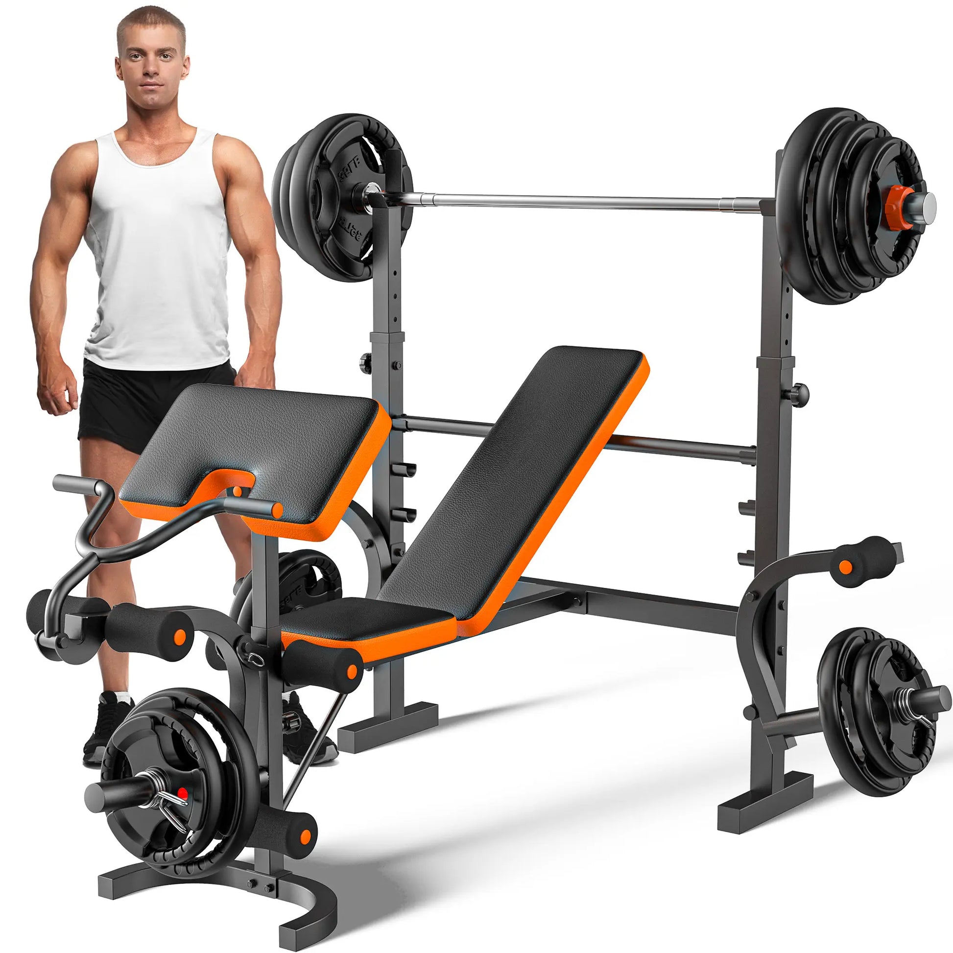 Bearbro 660Lb 6-In-1 Adjustable Weight Bench with Multi-Purpose Workout Bench Set with Barbel Rack and Leg Developer for Home Gym Full Body Function Strength Training，Barbell Rack Can Support up to 990 Pounds