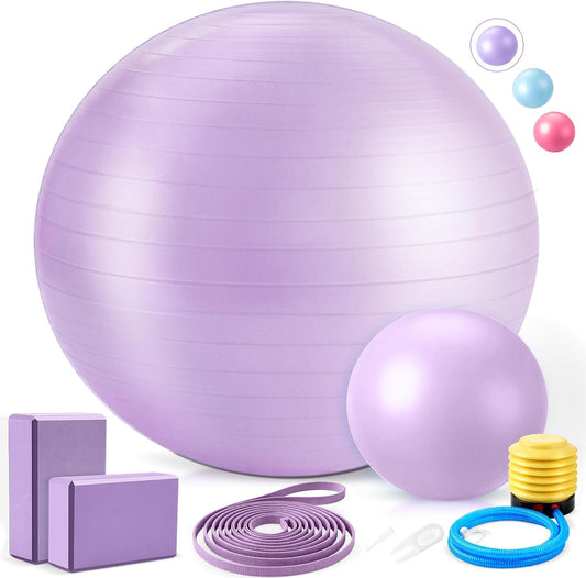 6-In-1 Yoga Balls and Yoga Block Set with Strap Foot Pump, Exercise Pregnancy Balls for Birthing, Pilates Kit Fitness Physical Therapy Home Gym Workout Equipment