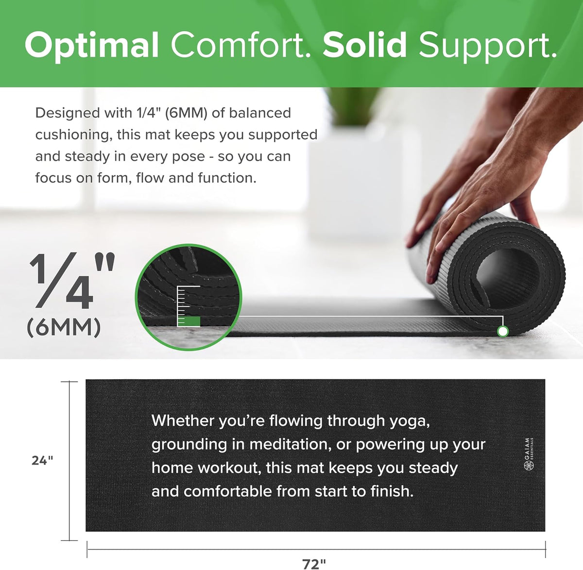 Gaiam Essentials 1/4" Thin (6Mm) Yoga & Pilates, Fitness & Exercise Mat with Easy-Cinch Carrier Strap Cusion Support for Fitness and Gym Workouts