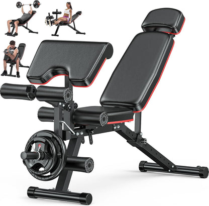 Workout Bench, Adjustable Weight Bench with Leg Extension and Leg Curl, Extended Headrest, 900LBS Preacher Curl Bench Incline Decline Flat Workout Bench for Home Gym Full Body Exercise