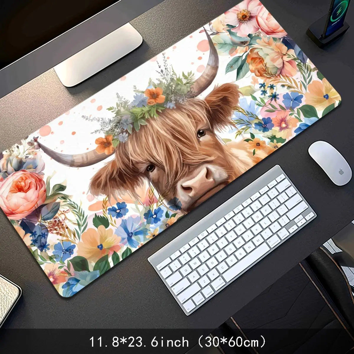 Cow & Floral Pattern Extended Mouse Pad, Extended Mousepad, Durable & Washable Mouse Pad, Large Gaming Mouse Mat with Non-Slip Rubber Base for Gamers, Office, Study, Desk Accessories