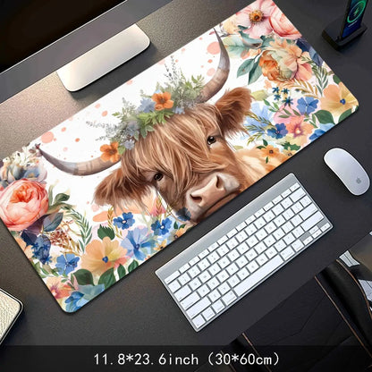 Cow & Floral Pattern Extended Mouse Pad, Extended Mousepad, Durable & Washable Mouse Pad, Large Gaming Mouse Mat with Non-Slip Rubber Base for Gamers, Office, Study, Desk Accessories