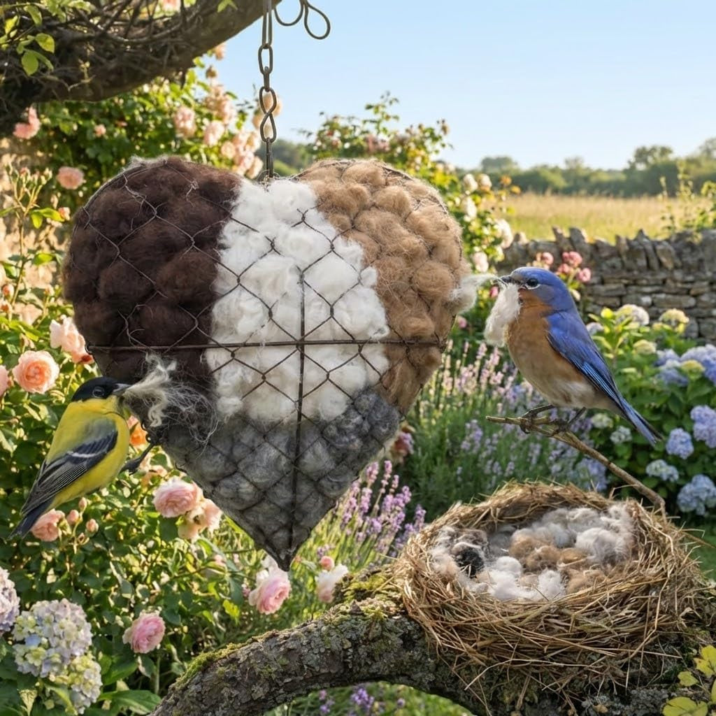 Handmade Alpaca Fiber Bird Nesting Heart, Birds Nests Material Holder, Winter Tree Shelter for Wild Bird, Hummingbird Houses Nest Boxes Gifts for outside Garden Art Birdhouse, Birds Lovers