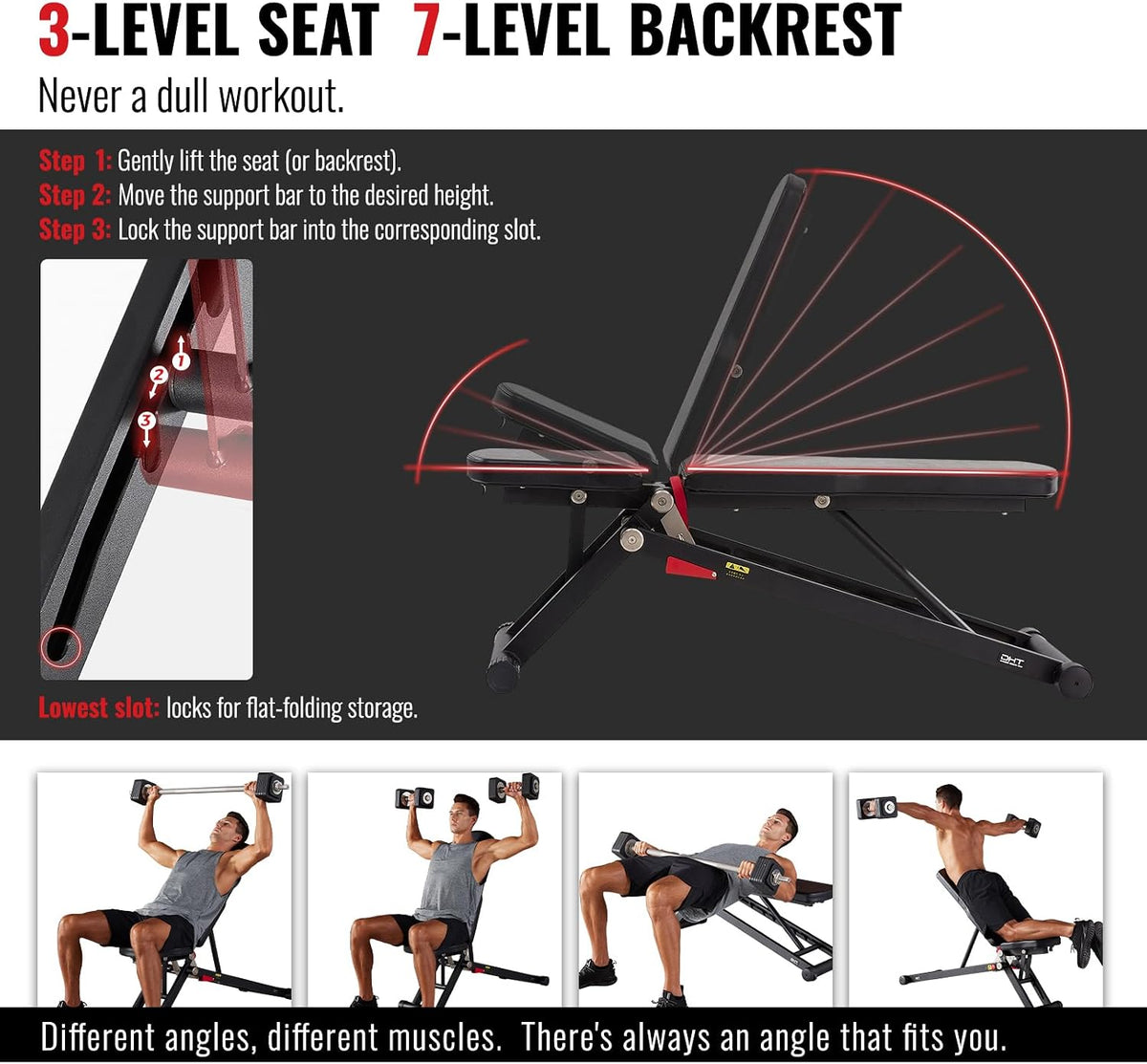 DHT Weight Bench, Adjustable Weight Benches for Home Gym, Workout Bench with Fast Folding, Incline Decline Bench Press for Full Body, Black