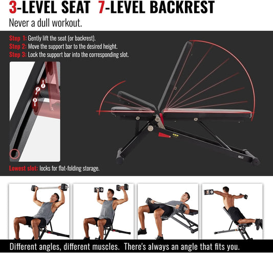 DHT Weight Bench, Adjustable Weight Benches for Home Gym, Workout Bench with Fast Folding, Incline Decline Bench Press for Full Body, Black