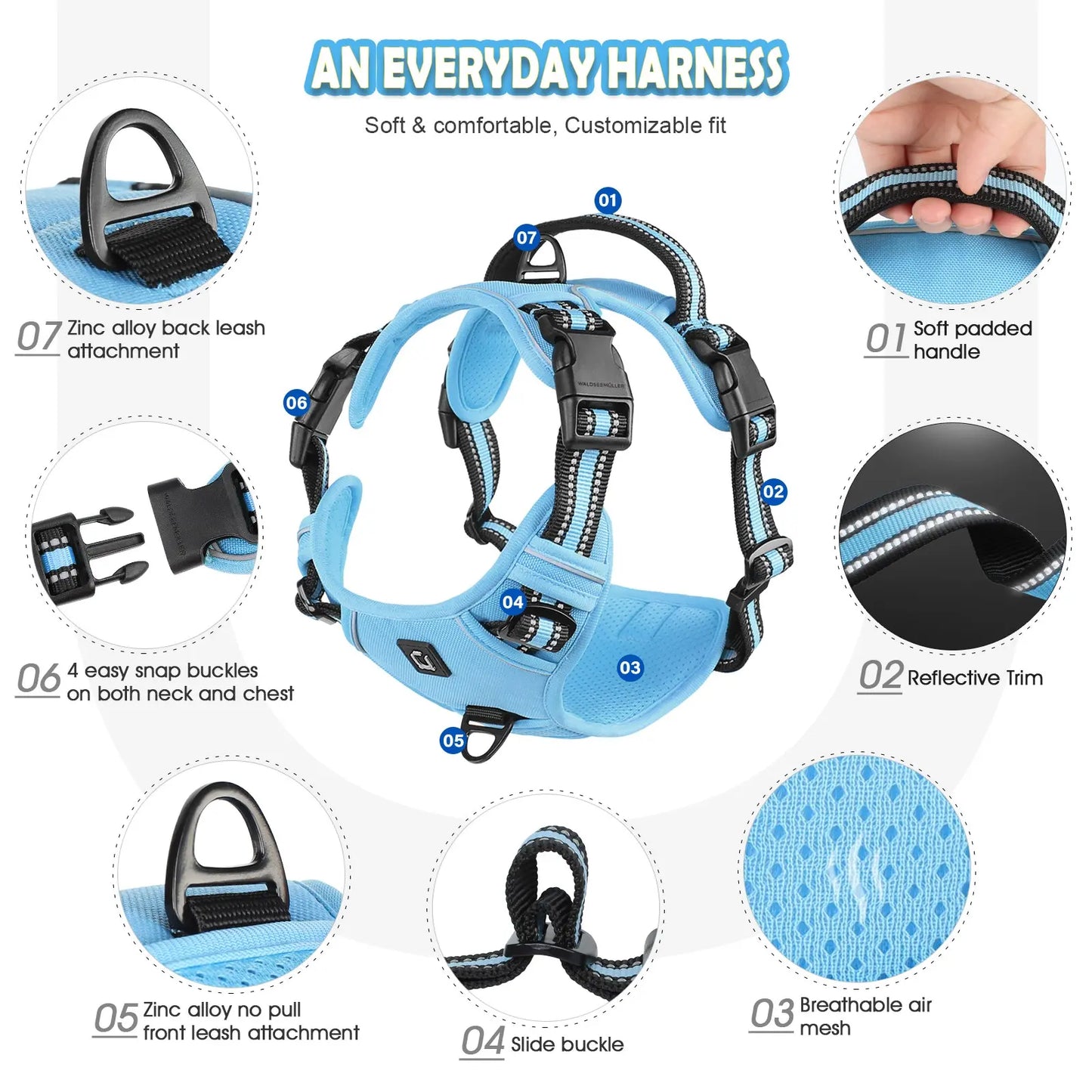 Dog Harness, Durable Reflective Harness, No-Pull Pet Harness with 2 Leash Clips, Adjustable Soft-Padded Dog Vest, Reflective No-Choke Oxford Pet Vest with Easy-Control Handle for Large Dogs