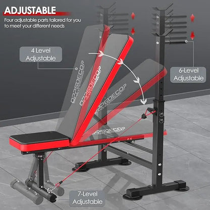 OPPSDECOR Olympic Adjustable Workout Bench - Multifunctional Bench with Lifting Free-Weight Rack, Barbell Pad, Hip Abduction Machine, Vibration Plate - Steel Frame Fitness Equipment, Space Saver for Full Body Home Gym Workouts, Adjustable Workout Benches