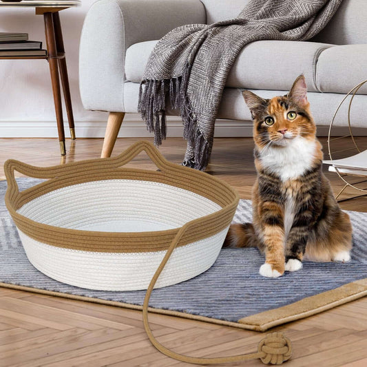 Cotton Rope Cat Bed, Foldable Sleeping Basket with Playing Rope Ball, Hand Woven Small Dogs Sofa Bed, Kitten Shaped House for Pets (Medium, Brown & Beige)