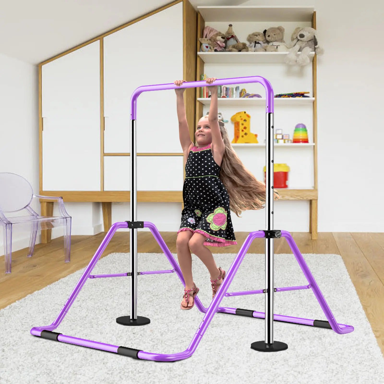 Gymnastics Bar for Kids，Adjustable Height Folding Horizontal Bars, Junior Gymnastics Equipment Training Children Monkey Bars for Home Practice Using