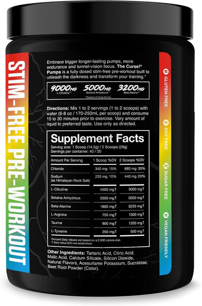 the Curse! Stim-Free Pre Workout Powder, Sour Candy, 40 Servings | Caffeine Free Pump, Non Stim Pre Workout, with L-Citrulline & Beta-Alanine for Nitric Oxide Support and Performance.