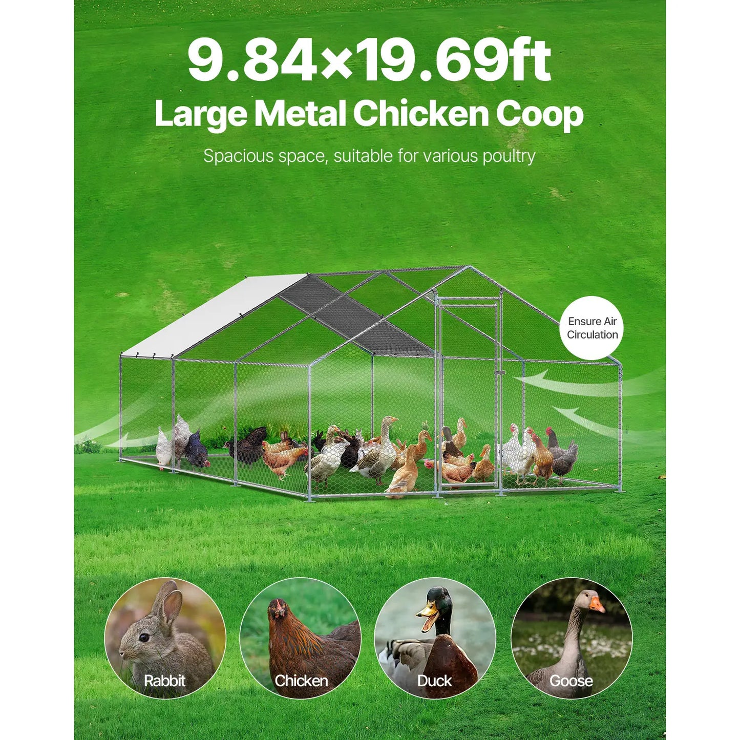 【Fathersdaygift】Vevor Metal Chicken Coop 9.8X19.6X6.5 Ft Large Walk-In Chicken Runs with Coverspire Roof Hen House Enclosure with Security Lockoutdoor Duck Rabbit Cage Poultry Pen for Backyardfarmyard