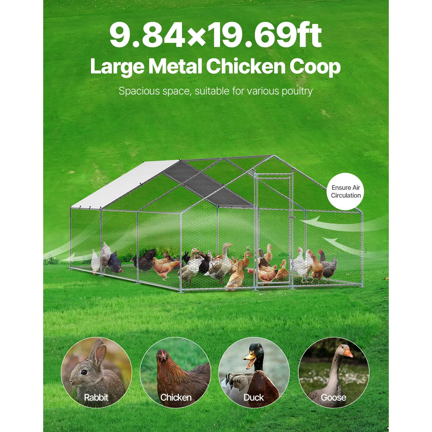 【Fathersdaygift】Vevor Metal Chicken Coop 9.8X19.6X6.5 Ft Large Walk-In Chicken Runs with Coverspire Roof Hen House Enclosure with Security Lockoutdoor Duck Rabbit Cage Poultry Pen for Backyardfarmyard