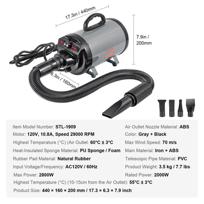 【Fathersdaygift】Vevor Dog Dryer2000W/2.7Hp Dog Blow Dryerpet Grooming Dryer with Adjustable Speed and Temperature Controlpet Hair Dryer with 4 Nozzles and Extendable Hoseblack