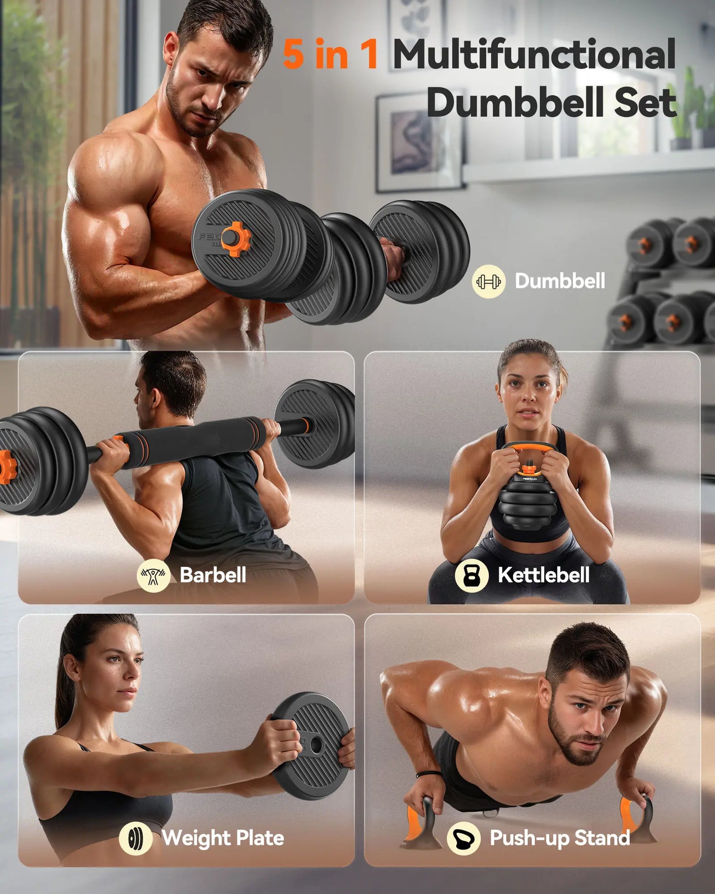 FED Fitness Feierdun Series DS2 Dumbbell Set 20/45/70/90Lbs, 5-In-1 Free Weights with Connector, Convert to Barbell/Kettlebell/Push-Up Stand, Home Gym Equipment for Men & Women