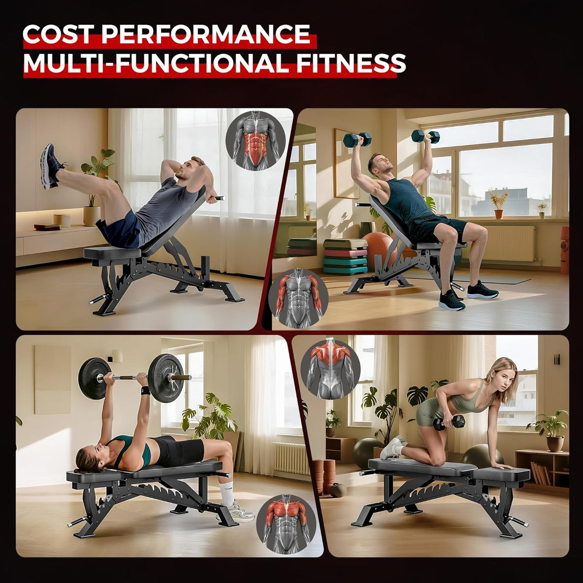 Weight Bench, Adjustable Workout Bench for Home Gym Full Body Workout, 1300LBS Weight Capacity Bench Press, Flat/Incline Bench with 33" Extra-Long Backrest & Wheels