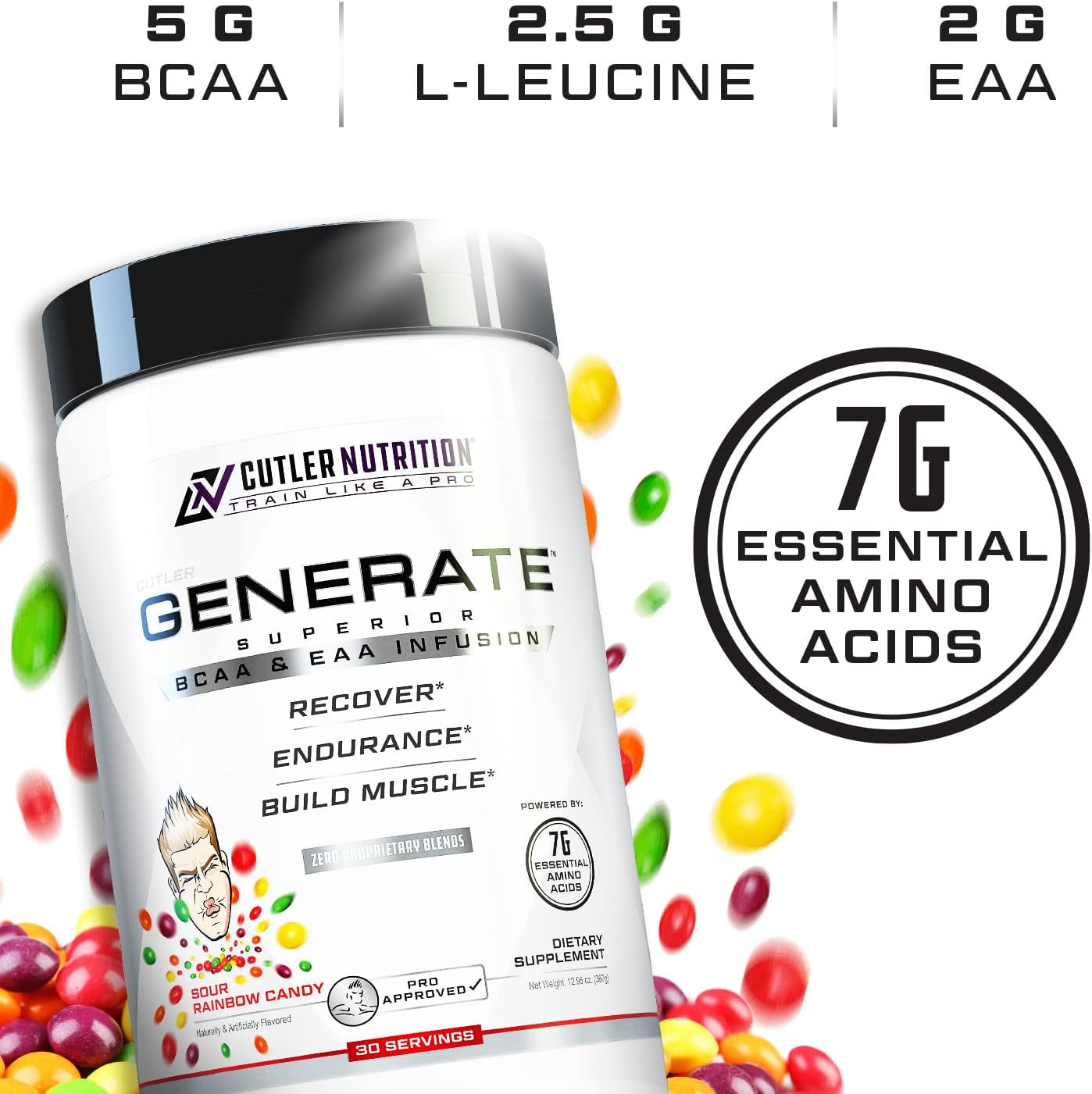 Generate Sour Rainbow Candy BCAA EAA Powder, 30 Servings | 12.95 Oz | 5G Bcaas and 2G Eaas per Serving for Post-Workout Recovery, Hydration, Lean Muscle Support and Protein Synthesis