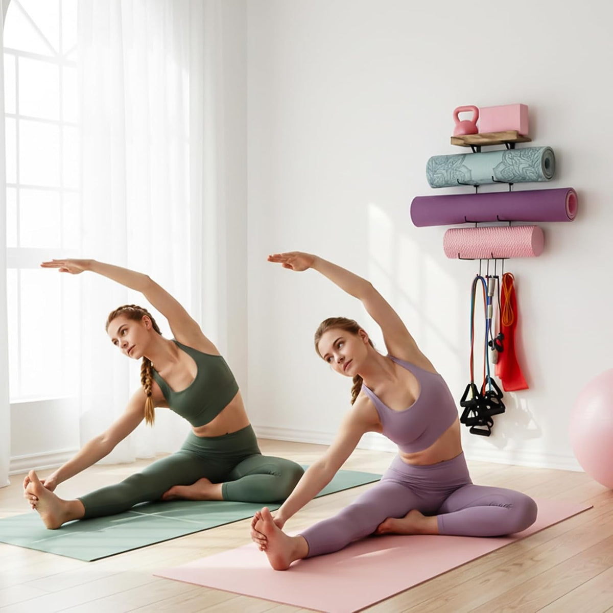 Yoga Mat Holder Accessories Wall Mount Organizer Storage Decor Foam Roller and Towel Storage Rack with 4 Hooks and Wooden Shelves Yoga Mats Rack Resistance Bands for Home Gym School Office
