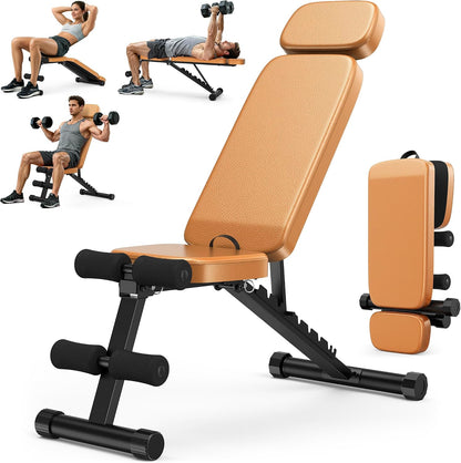 Workout Bench, 10 Backrests Adjustable Weight Bench with Extended Headrest, 800LBS Foldable Weight Bench for Home Gym, Incline Decline Flat Bench Compact for Small Space Training