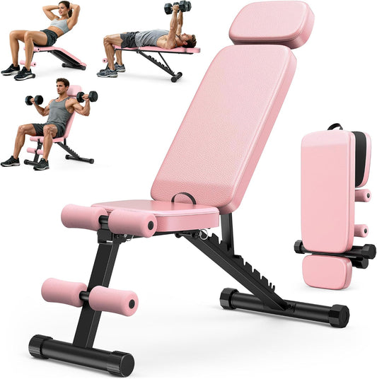Workout Bench, 10 Backrests Adjustable Weight Bench with Extended Headrest, 800LBS Foldable Weight Bench for Home Gym, Incline Decline Flat Bench Compact for Small Space Training