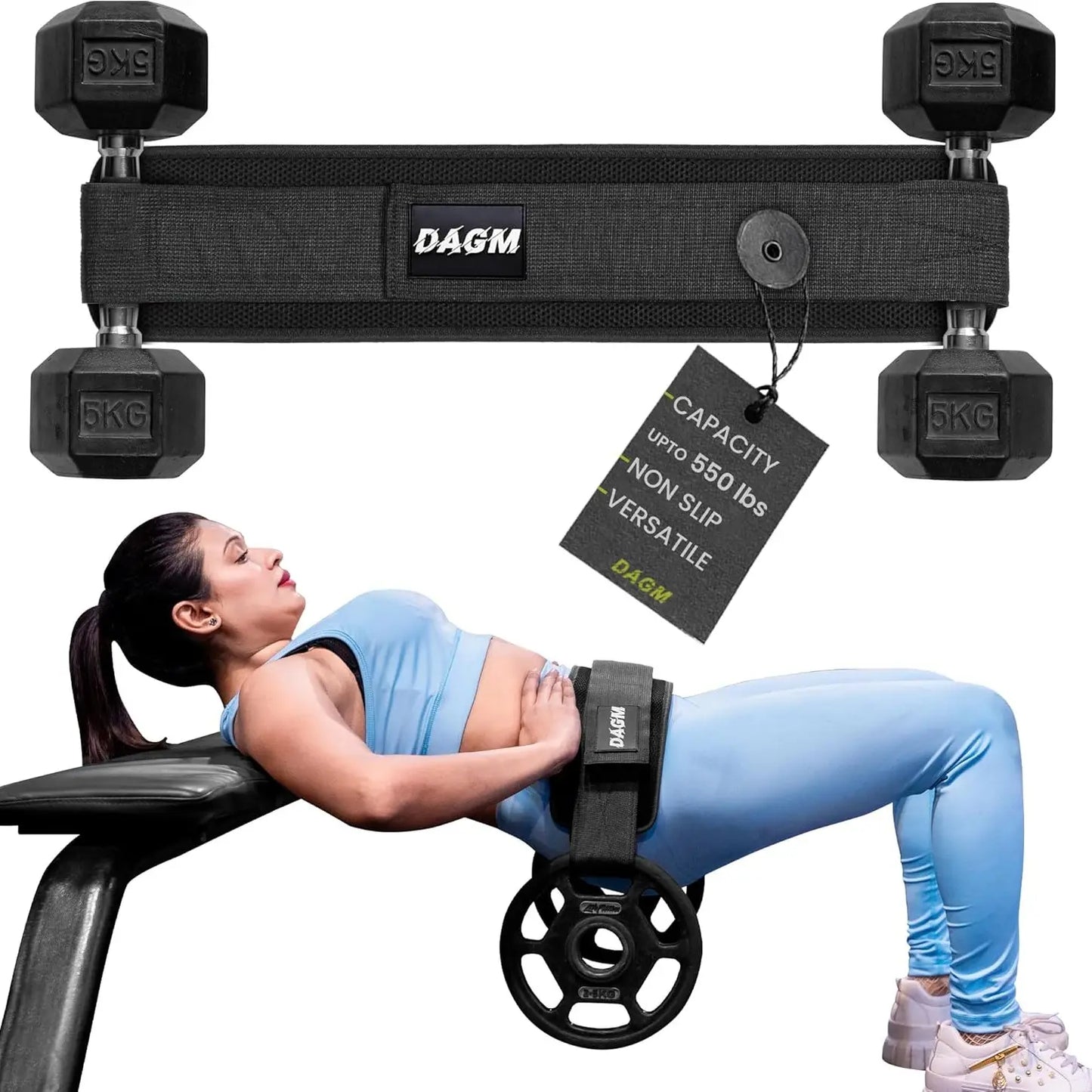 DAGM Hip Thrust Belt for Dumbbells Heavy, Secure Glute Trainer with Non-Slip Extra Padding That Protects Your Hips - Ideal for Gym & Home Workouts - Use with Heavy Duty Kettlebells, Dumbbells, & Plates Hold up to 500 Lbs