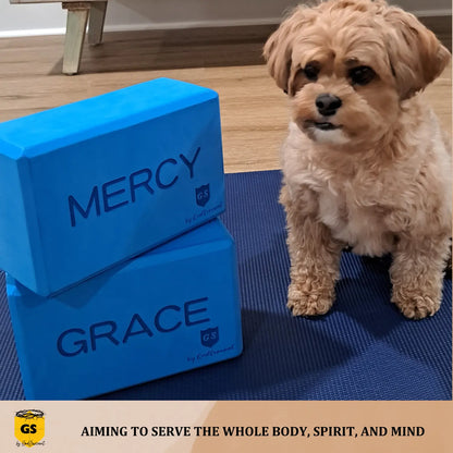 Godservant Inspirational Blue Yoga Blocks 2 Pack – Grace and Mercy; EVA Foam Exercise Block; Non-Slip and Lightweight; Improve Flexibility; Deepen Stretches; Pilates Brick