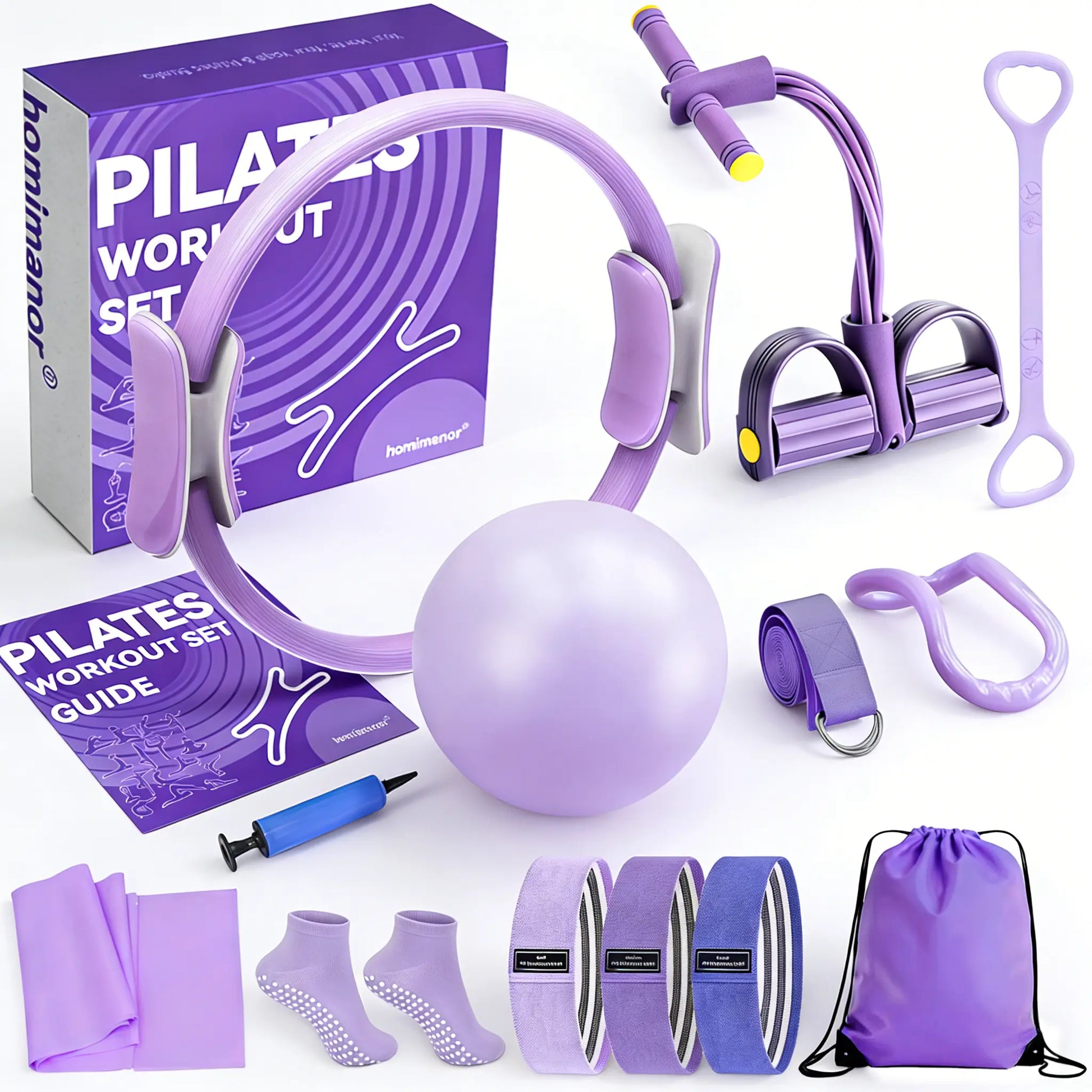Homimanor Pilates Ring Set for Women Home Workout, Pilates Equipment Set for Beginners with 15'' Magic Circle, 9.8" Yoga Ball and Resistance Bands, Pilates Kit for Full Body Toning,Camping Essentials